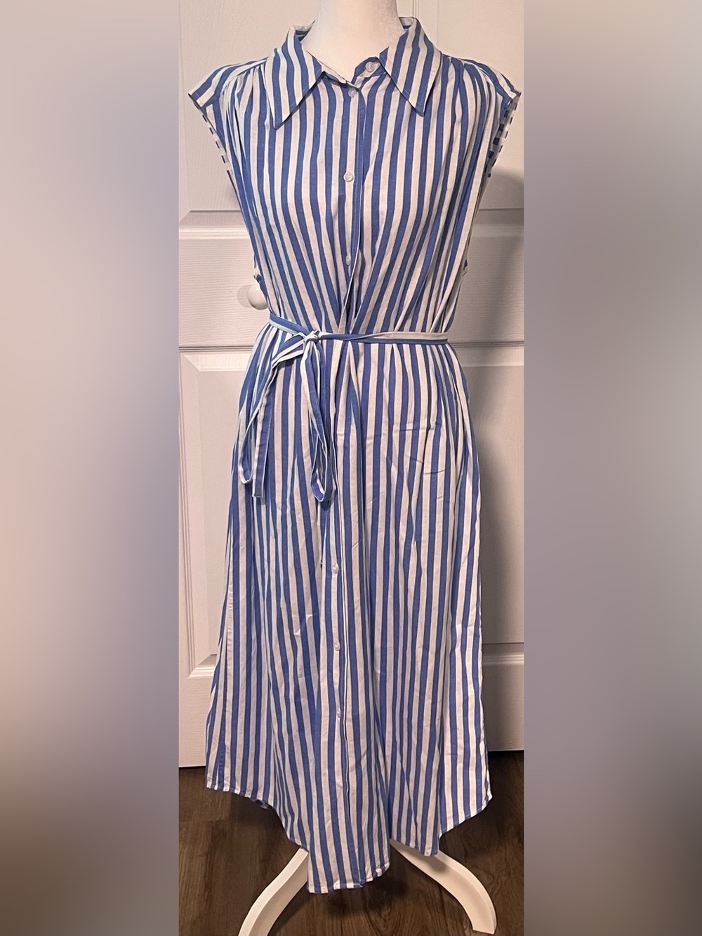 H&M Blue & White Striped Linen Blend Sleeveless Shirt Dress